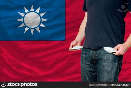 poor man showing empty pockets in front of taiwan flag