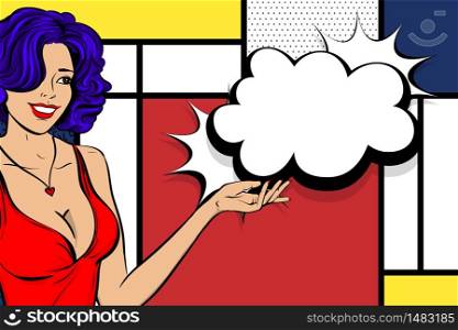 Pop art blue hair woman comic speech bubble modern style for text. Female cartoon character. Fashion, style, beauty. Halftone background. Happy smiling girl face. Wow love fashion lady show hand.. Pop art woman retro girl happy face