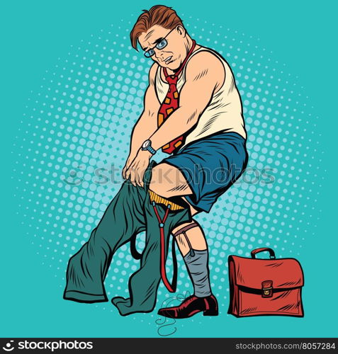 Pop art retro man wears pants, vector illustration. Morning, the businessman going to work