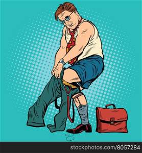 Pop art retro man wears pants, vector illustration. Morning, the businessman going to work