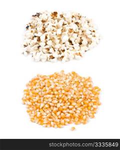 Pop corn, before and after pop, ingredient and product.