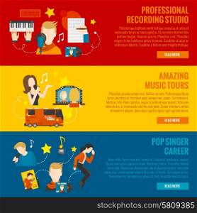 Pop singer banner set with record studio and album tours flat elements isolated vector illustration. Pop Singer Banner