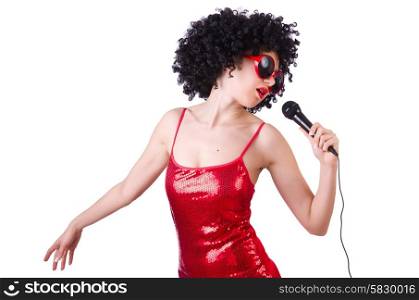 Pop star with mic in red dress on white
