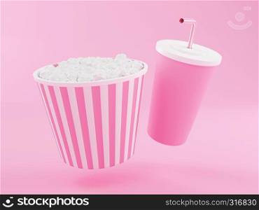 Popcorn and drink. Cinematography concept. 3d renderer illustration.