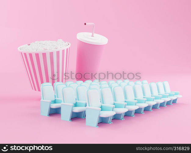 Popcorn and drink on theater seat. Cinematography concept. 3d illustration.