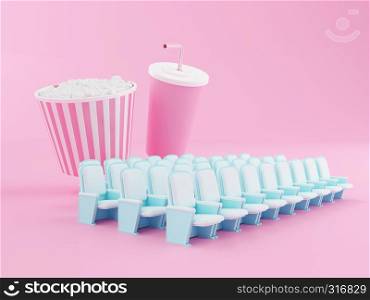 Popcorn and drink on theater seat. Cinematography concept. 3d illustration.