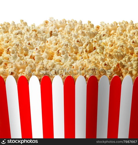 Popcorn box in striped red and white classic container isolated on a white background as an entertainment symbol for preparing to watch an important event on TV or at the movies.