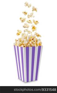 Popcorn flying out of purple white striped paper box isolated on white background with copy space. Splash, levitation of popcorn grains. 