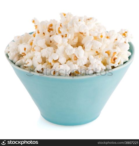 Popcorn in a blue bowl on a white background