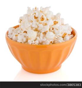 Popcorn in a orange bowl on a white background
