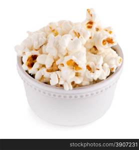 Popcorn in a white bowl on a white background