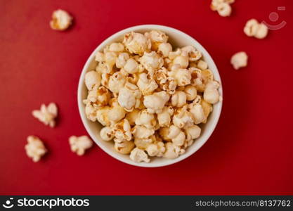 popcorn on pastel background. . popcorn on color background. 