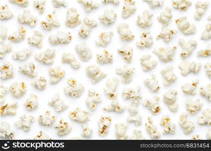 Popcorn on white background. Flat lay. Top view