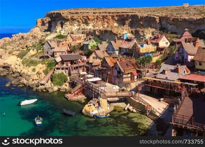 Popeye Village in the sunny day, Malta. Famous Popeye Village at Anchor Bay, Malta