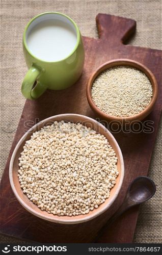 Popped white quinoa (lat. Chenopodium quinoa) cereal in bowl with raw quinoa seeds and cup of milk in the back photographed with natural light (Selective Focus, Focus in the middle of the quinoa cereal)