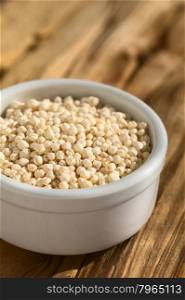 Popped white quinoa (lat. Chenopodium quinoa) cereal in small bowl, photographed with natural light (Very Shallow Depth of Field, Focus one third into the quinoa cereal)