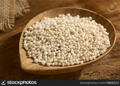 Popped white quinoa (lat. Chenopodium quinoa) cereal on small wooden plate, photographed on wood with natural light (Selective Focus, Focus one third into the quinoa cereal)