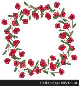 Poppies watercolor wreath on white background. Watercolor illustration with copy space. Flower concept for wedding or party invitations.
