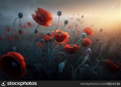 Poppy flower field background. Illustration Generative AI