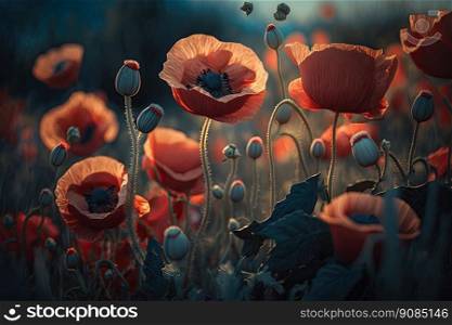 Poppy Flower Natural Background. Illustration Generative AI. Poppy Flower Natural Background. Illustration AI Generative