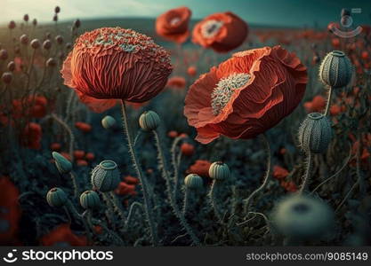 Poppy Flower Natural Background. Illustration Generative AI. Poppy Flower Natural Background. Illustration AI Generative