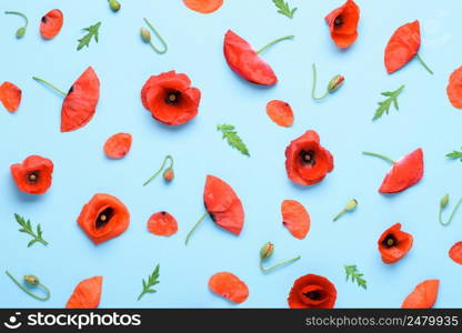 Poppy flowers pattern background top view flat lay