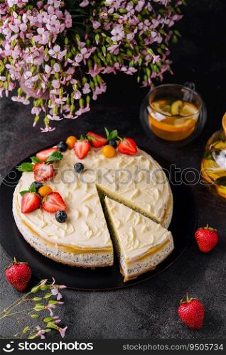 poppy seed cheesecake with berries top view