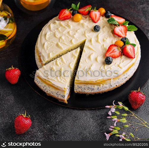 poppy seed cheesecake with berries top view