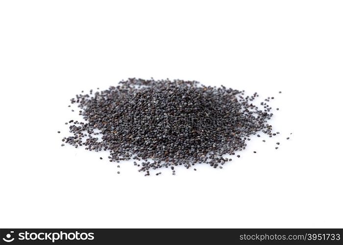 Poppy seeds heap close up isolated on white background