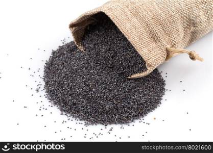 poppy seeds in a sack on a white background