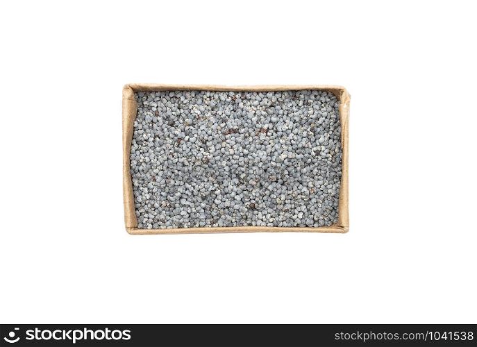 Poppy seeds in carton on white background