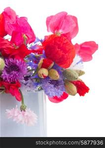 Poppy, sweet pea and blue corn flowers in metal pot isolated on white background