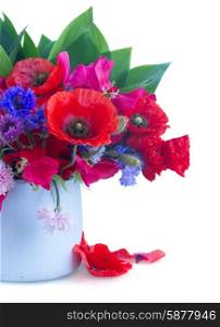 Poppy, sweet pea and corn flowers in pot isolated on white background
