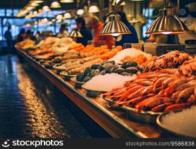 Popular seafood market selling fresh sea products and fish.AI Generative