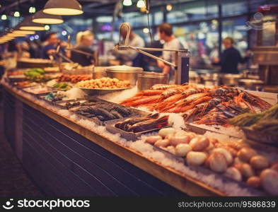 Popular seafood market selling fresh sea products and fish.AI Generative