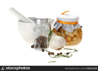 porcelain mortar and pestle with spices