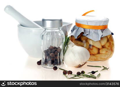 porcelain mortar and pestle with spices