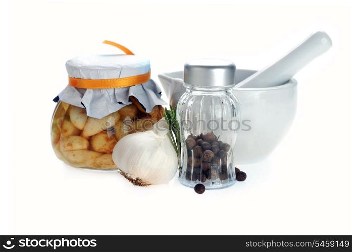 porcelain mortar and pestle with spices