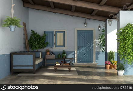 Porch in mediterranean style with front door, ,vintage sofa and old walls- 3d rendering. Old porch of a country house with front door and vintage sofa