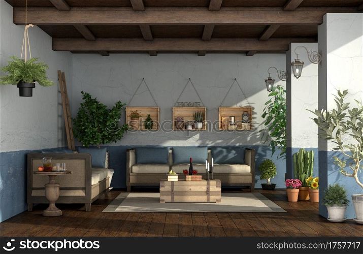Porch in mediterranean style with vintage furniture,plants and old walls- 3d rendering. Porch in mediterranean style with vintage furniture