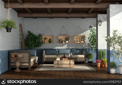 Porch in mediterranean style with vintage furniture,plants and old walls- 3d rendering. Porch in mediterranean style with vintage furniture