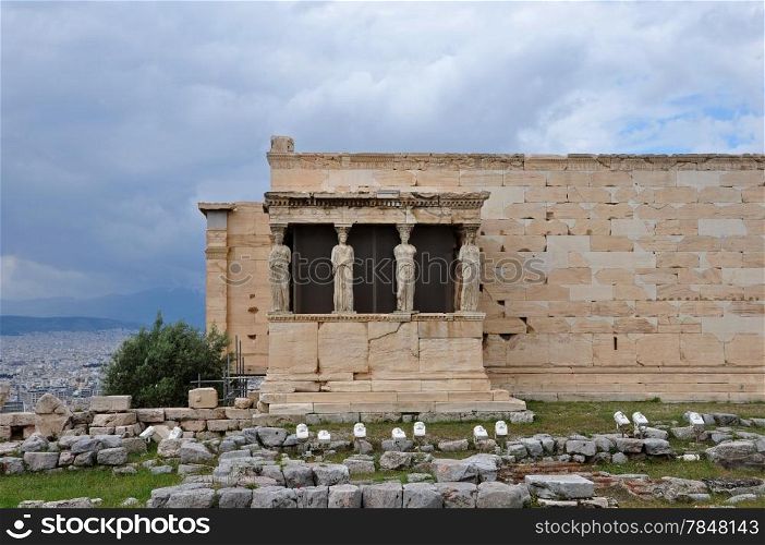 Porch of the Caryatids exterior view of Erechtheion ancient temple ruins at the Acropolis, Athens Greece.