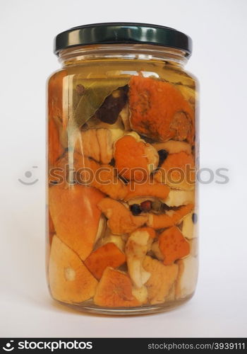 Porcini mushroom jar. Boletus edulis aka penny bun or porcino or cep mushrooms in a glass jar