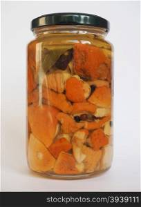 Porcini mushroom jar. Boletus edulis aka penny bun or porcino or cep mushrooms in a glass jar