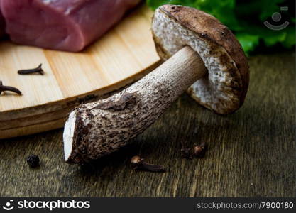 porcini mushrooms, bell pepper, herbs and other products on the table. food background