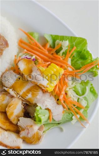 pork and rice. slisliced pork tenderloin with fresh salad served with steamed rice