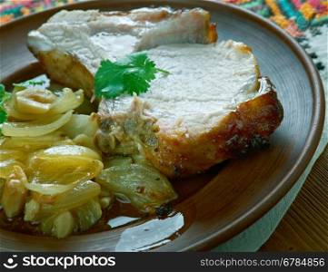 Pork loin in mustard honey sauce with honey sauce - pechenya. Carpathian cuisine