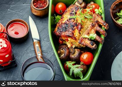 Pork loin or roasted rack of pork with vegetable.Grilled meat. Pork rack with vegetables.