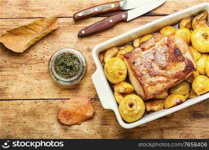 Pork loin stew with apple.Baked meat with apples. Baked meat with apples