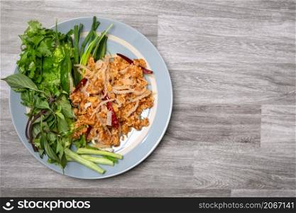 pork, shredded and salted with vegetable on dish, thai food